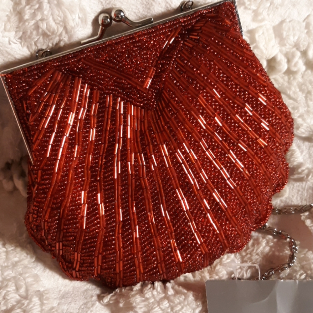 Red Beaded Clutch or Shoulder Party Bag